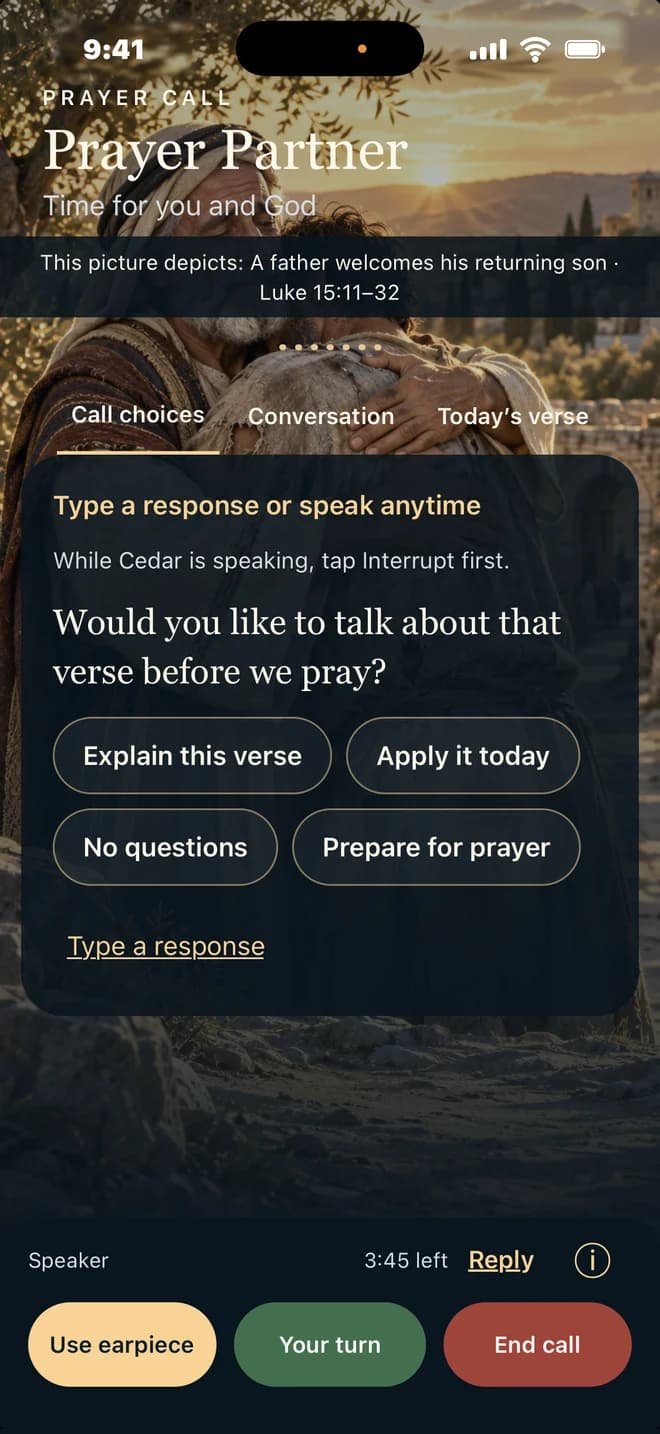 The live Prayer Call screen: your prayer partner asks whether you would like to talk about the verse before praying, with four choices and a Type a response link