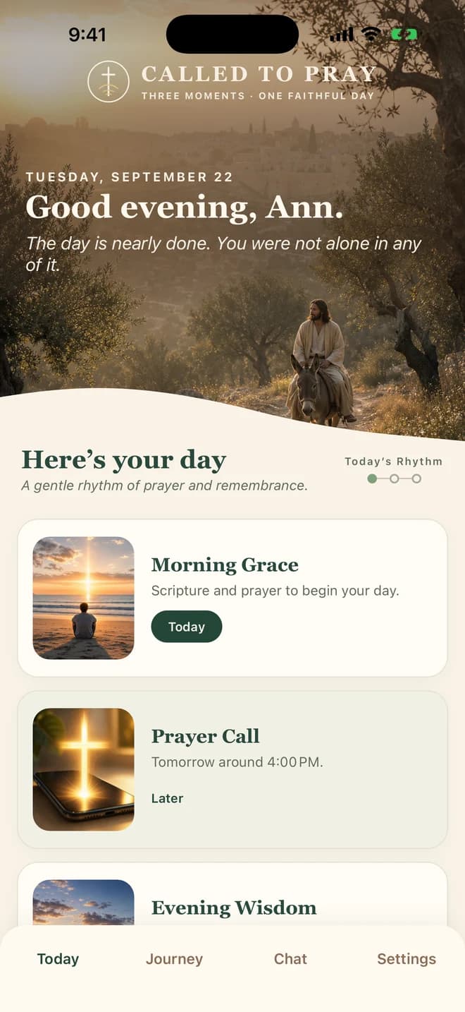 The Today screen with Morning Grace, Prayer Call, and Evening Wisdom